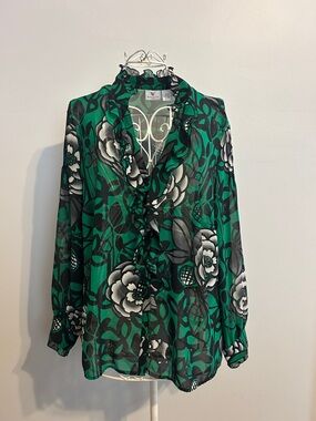 W by Worth Emerald Green Floral Ruffle-Neck Blouse